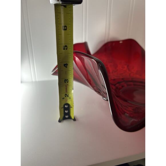 L G Wright 14” Ruby Round Serving Bowl Cadmium Paneled Grape Crimped Ruffle Glow - Picture 4 of 11